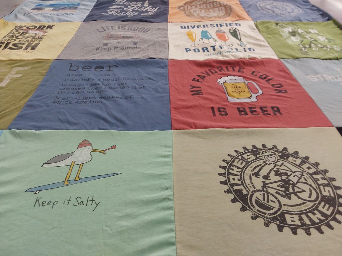T-shirt quilt with beer, outdoor themes by Tara from TX