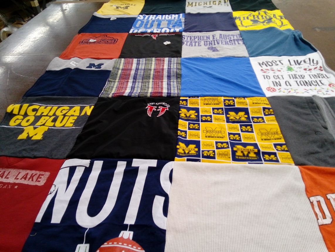 T-shirt quilt from stephen f. austin state university, university of michigan by Lindsay from MI