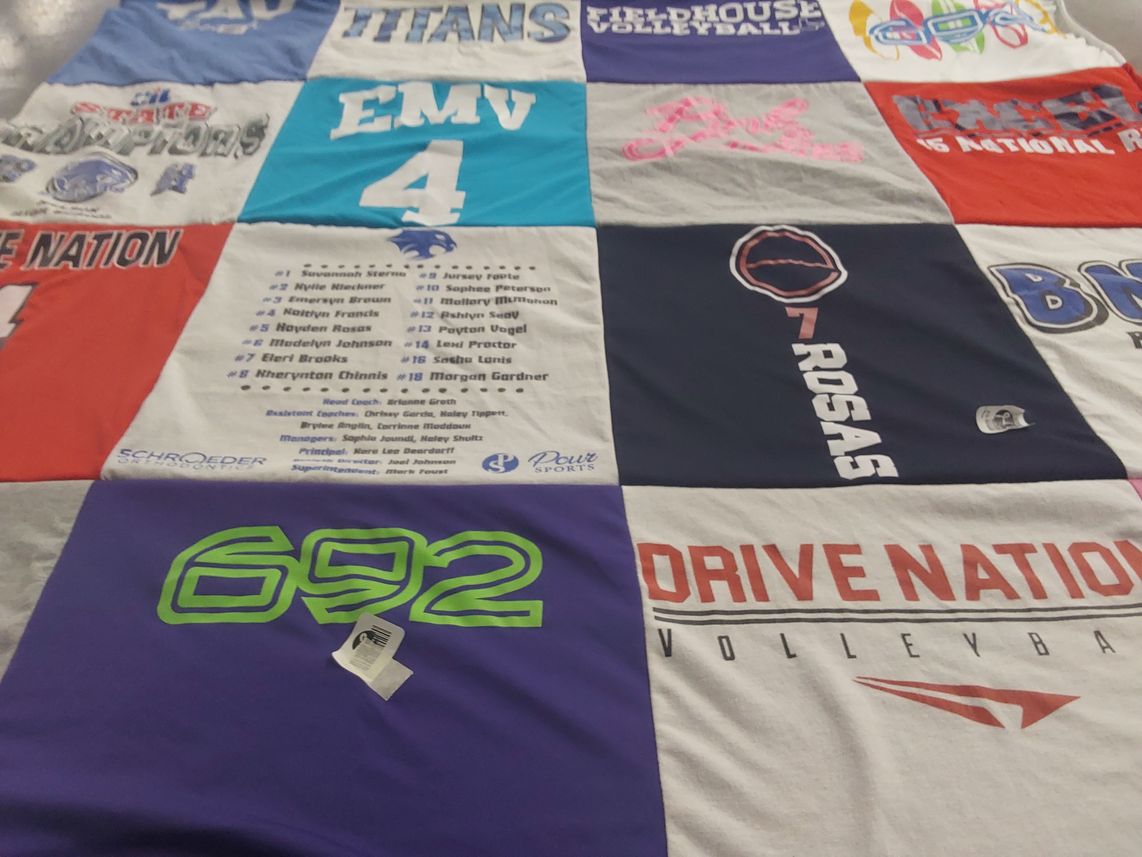 T-shirt quilt with volleyball, sports themes by Judith from TX