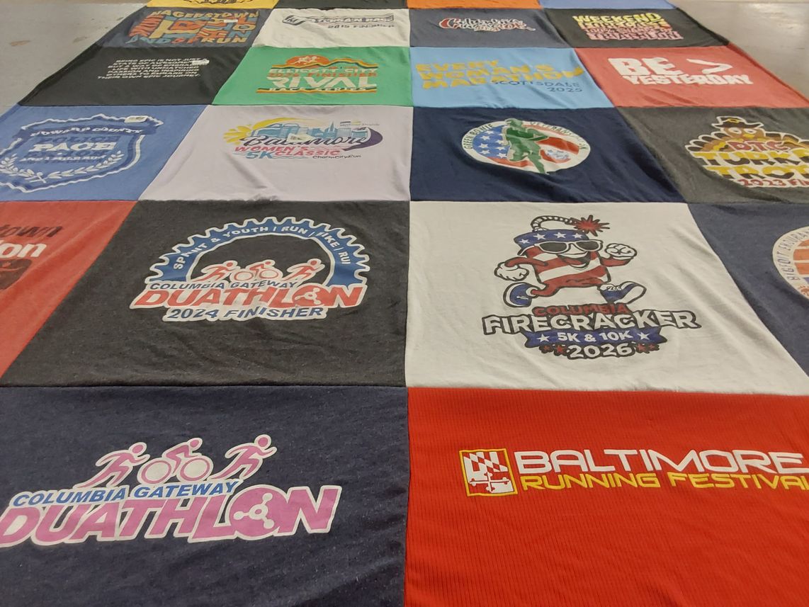 T-shirt quilt with running, marathons themes by Stephanie from MD