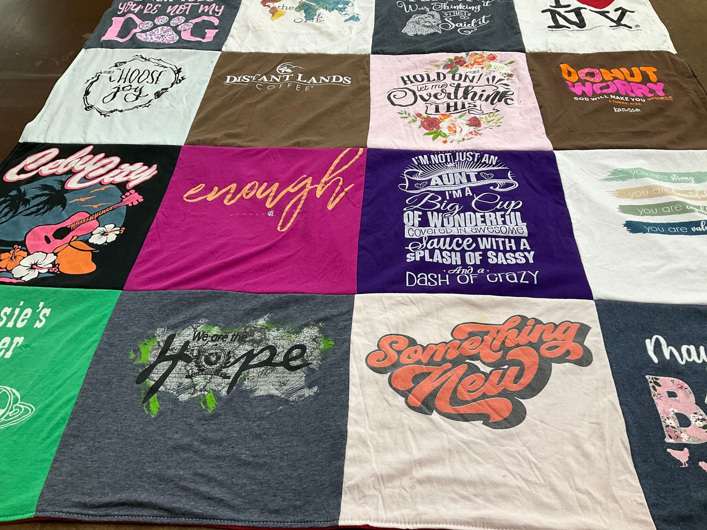 T-shirt quilt with coffee, pets themes by Danielle from TX