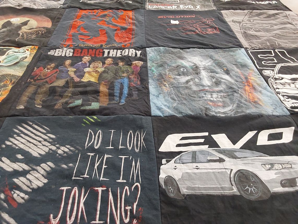 T-shirt quilt with television, cars themes by Diana from OR