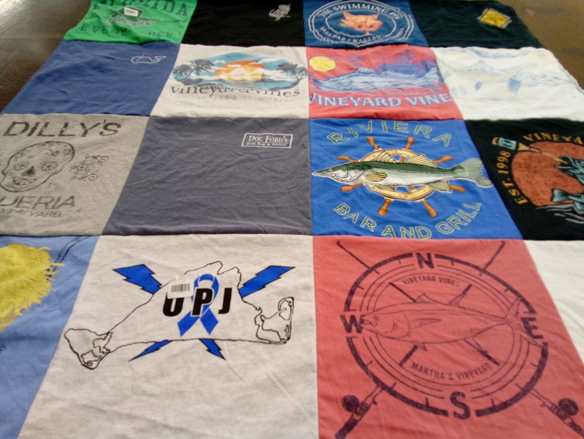 T-shirt quilt with fishing, beach themes by Rita from MA