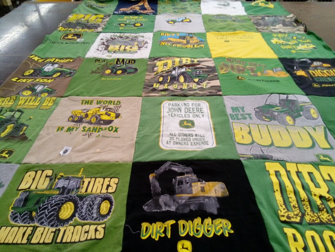 T-shirt quilt with farming, construction themes by Gail from FL
