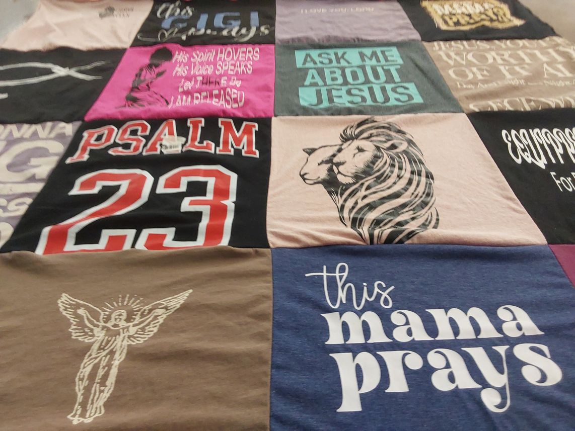 T-shirt quilt with religion, faith themes by Twana from OH