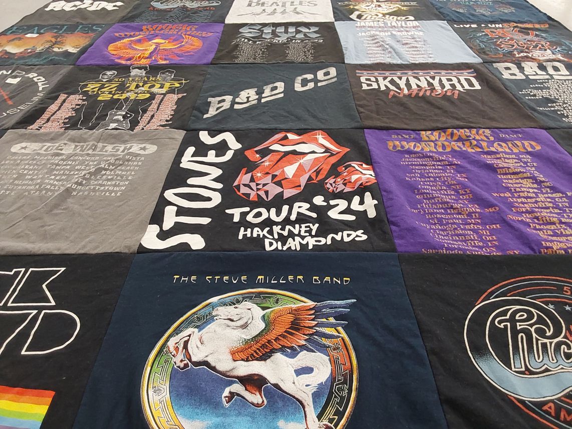 T-shirt quilt with music, rock themes by James from NC