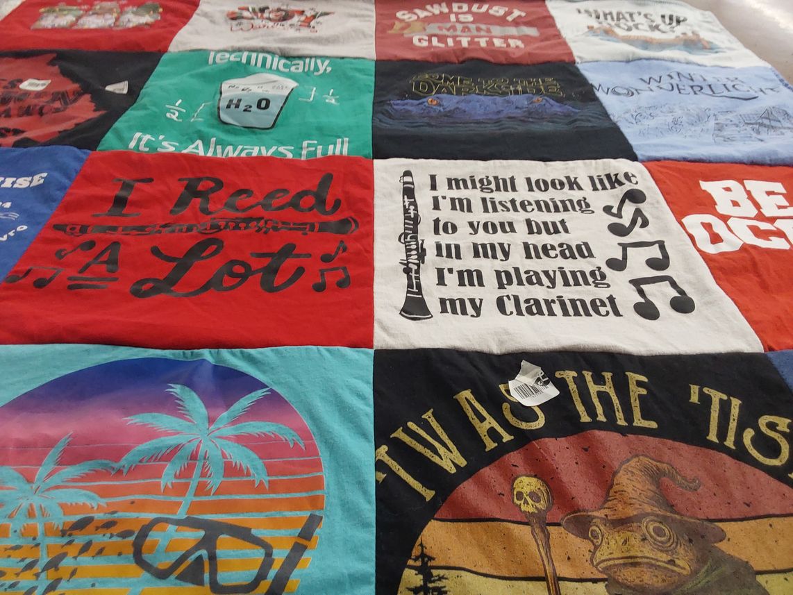 T-shirt quilt with music, band themes by Maria from GA