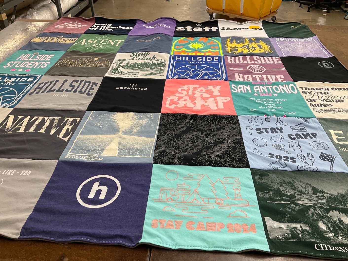 T-shirt quilt with camping, outdoor activities themes by Morgan from TX