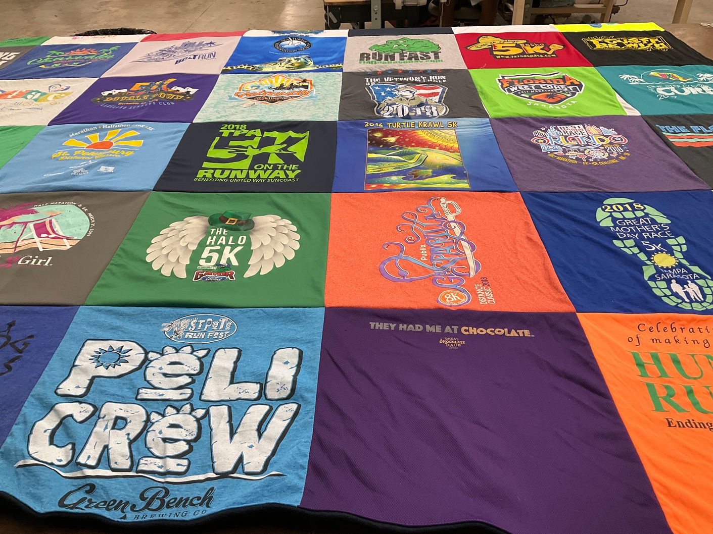 T-shirt quilt with running, fundraising themes by Kelly from FL