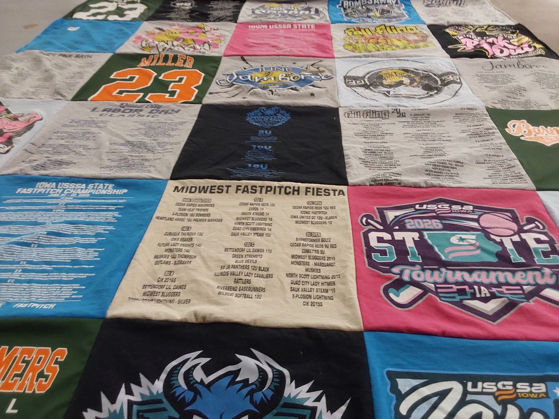 T-shirt quilt with softball, fastpitch themes by Shanna from IA