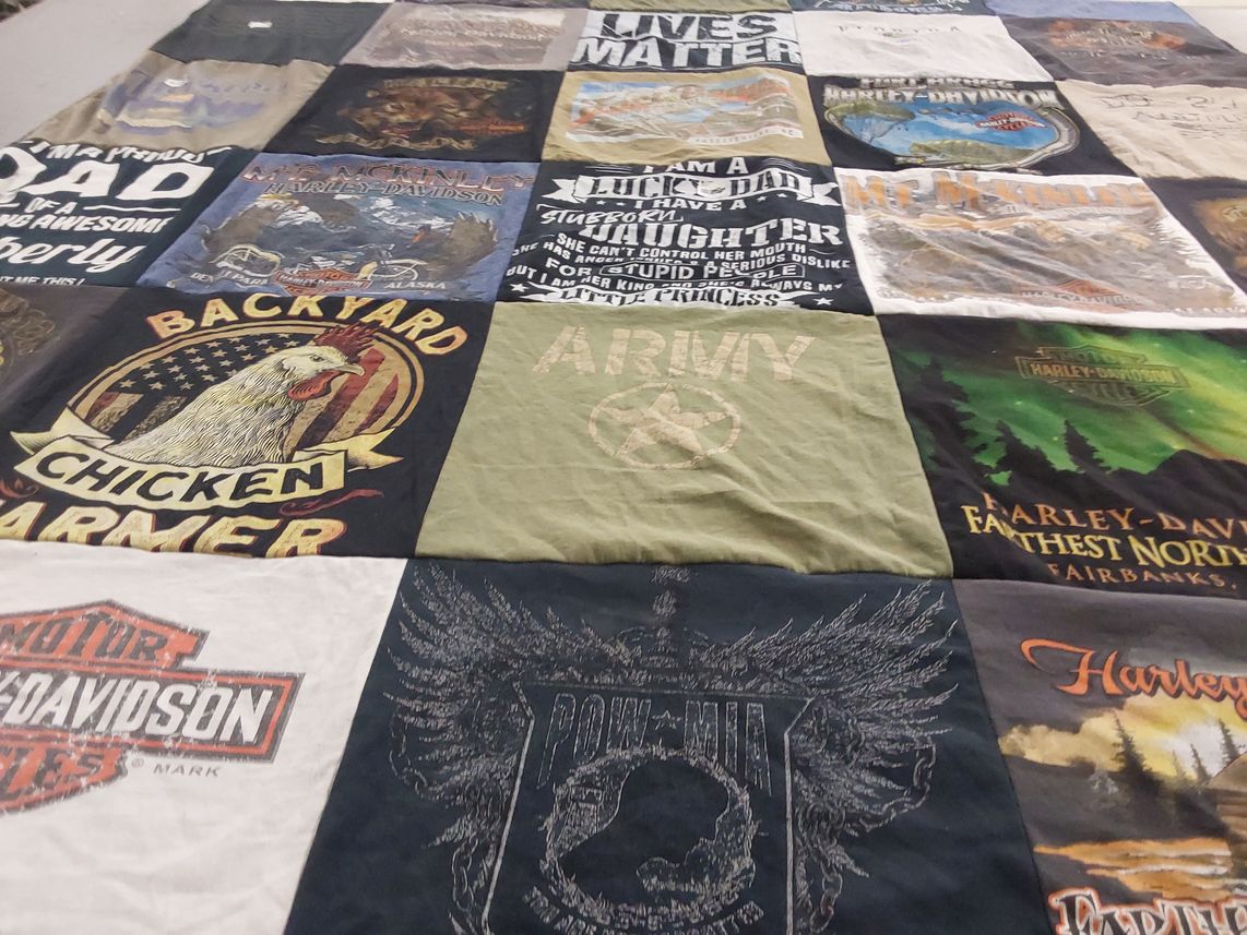 T-shirt quilt with motorcycles, farming themes by Vicky from IN