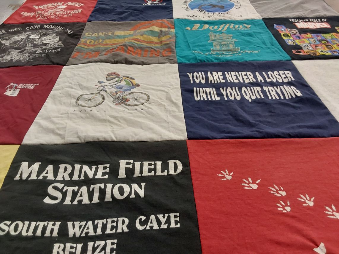 T-shirt quilt with cycling, marine biology themes by Karen from OH