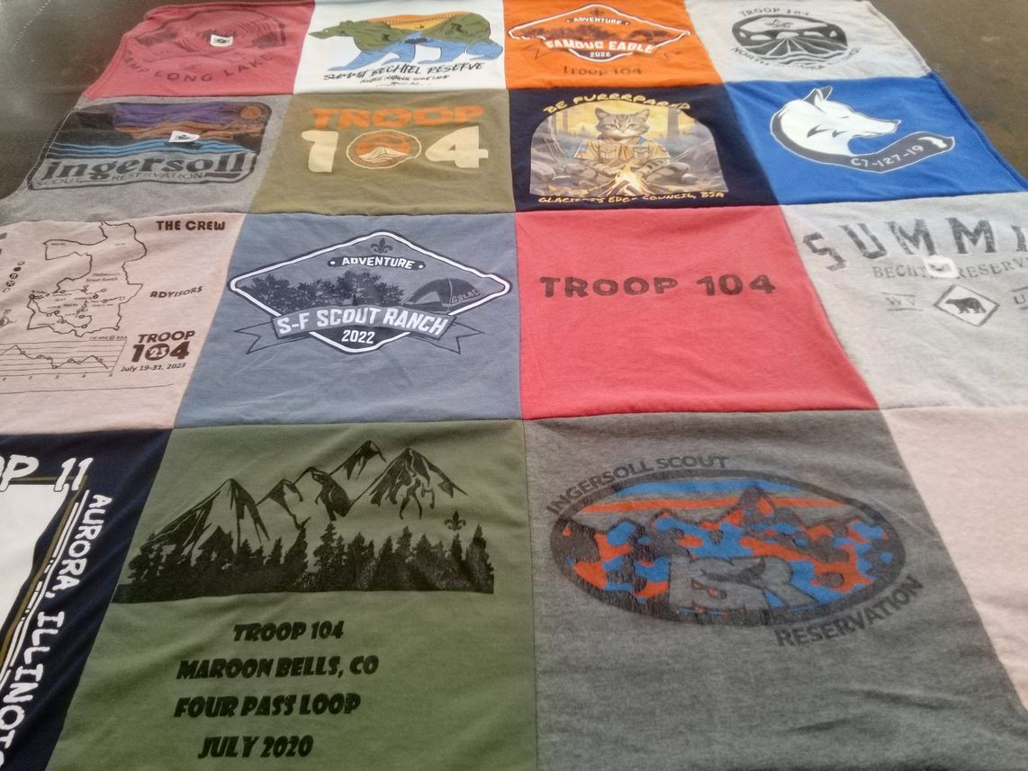 T-shirt quilt with scouting, outdoor activities themes by Pam from IL