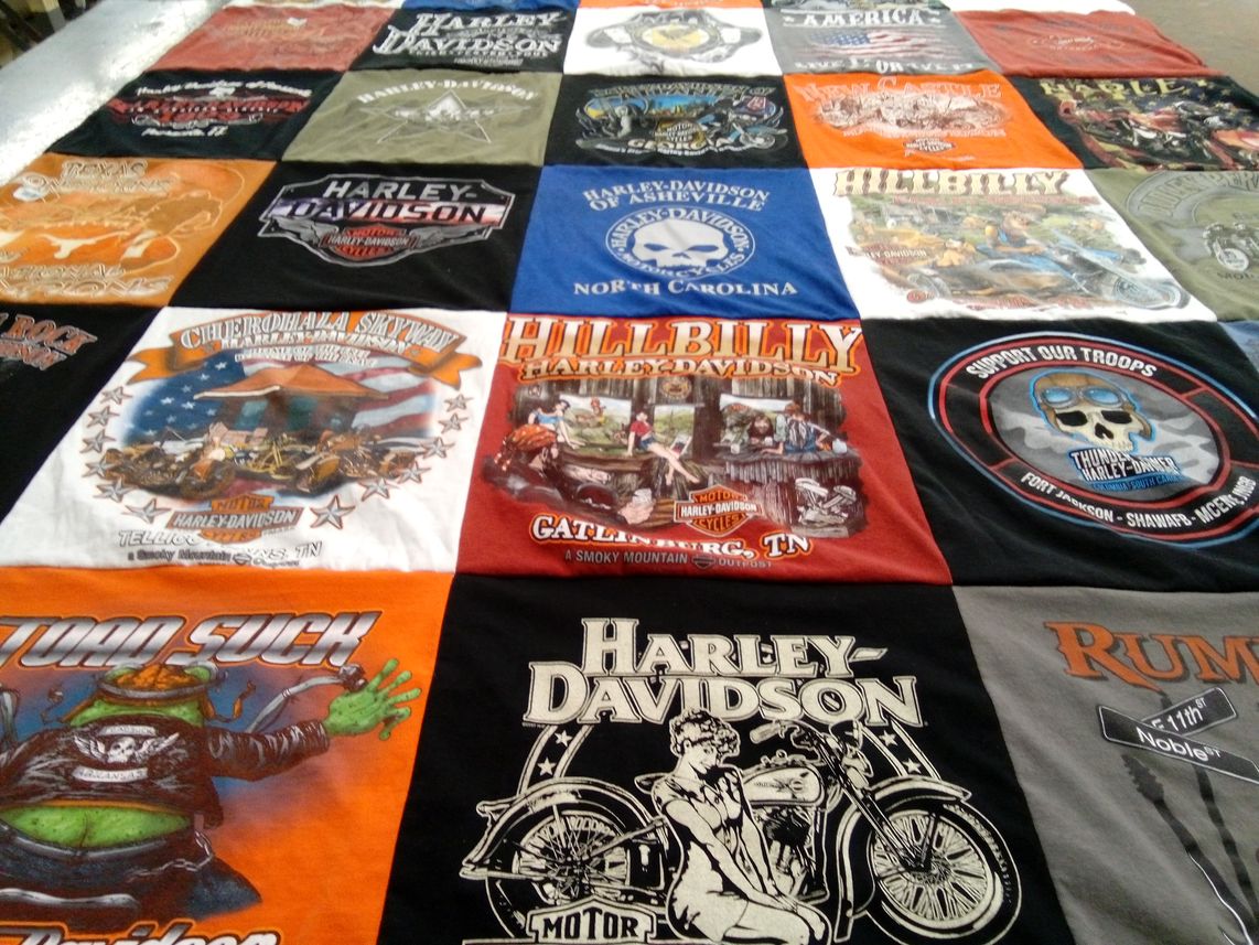 T-shirt quilt with motorcycles, biking themes by Vickie from AL