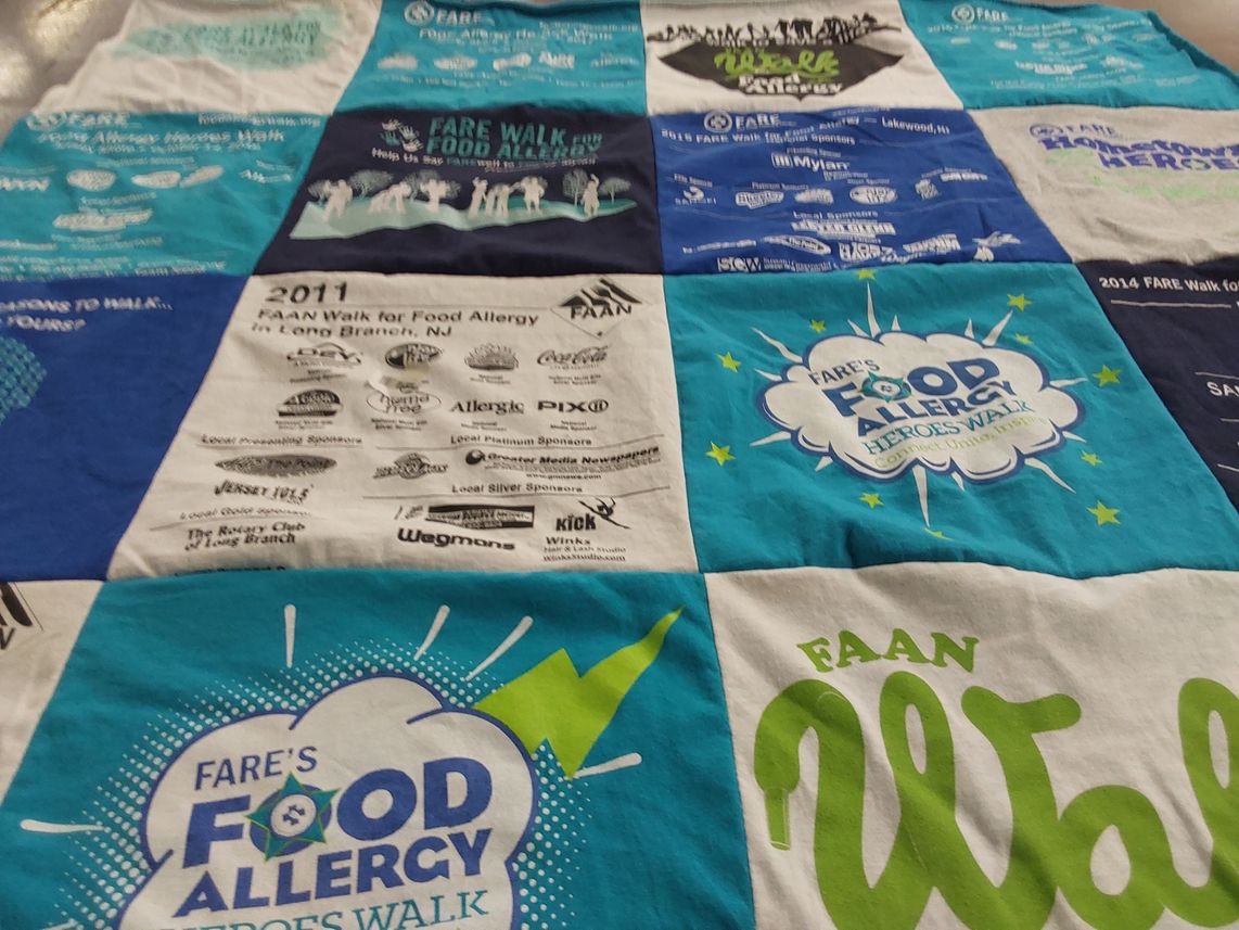 T-shirt quilt with food allergies, community support themes by Deborah from NJ