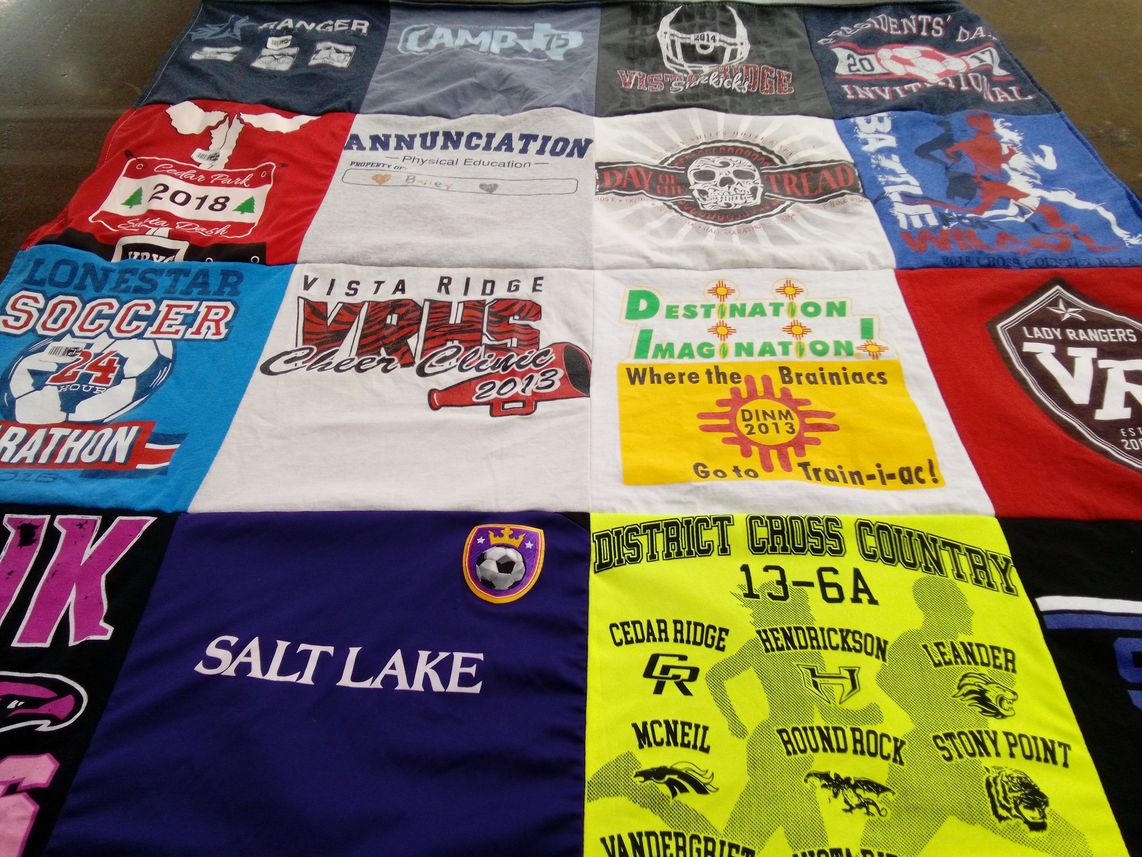 T-shirt quilt featuring lady rangers soccer team, district cross country team by Nancy from TX