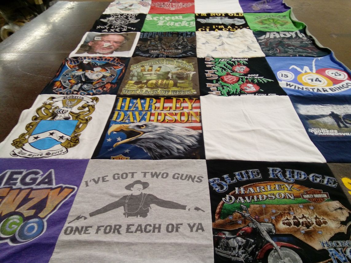 T-shirt quilt with motorcycling, bingo themes by Donna from TX