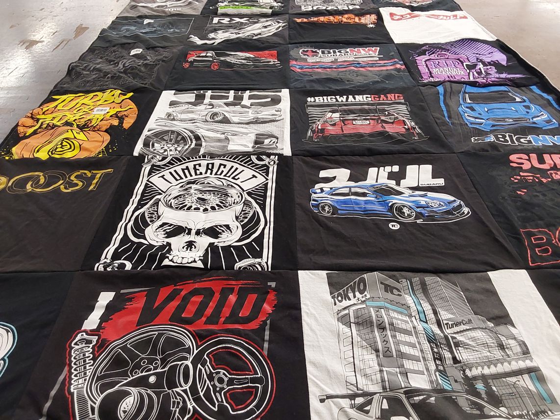 T-shirt quilt with cars, automotive themes by Jillian from OR