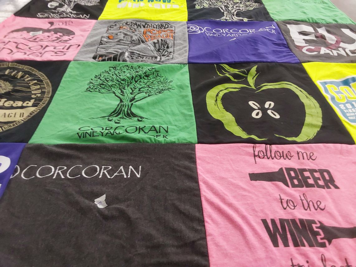 T-shirt quilt with wine, beer themes by Lori from VA