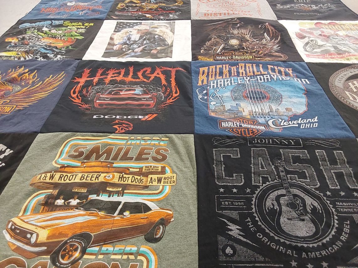 T-shirt quilt with motorcycles, cars themes by Angela from OH
