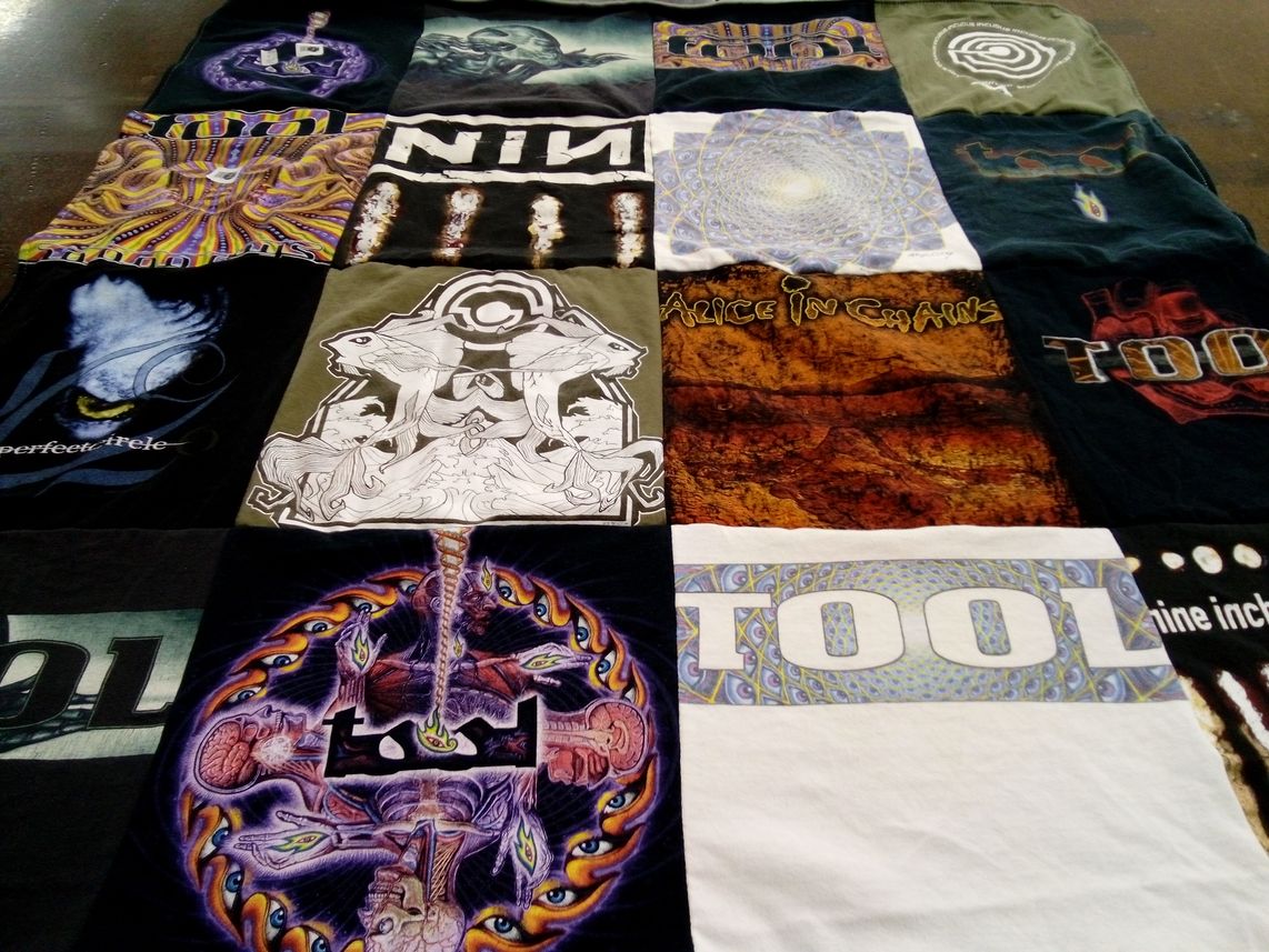 T-shirt quilt with music, bands themes by Rebecca from IN