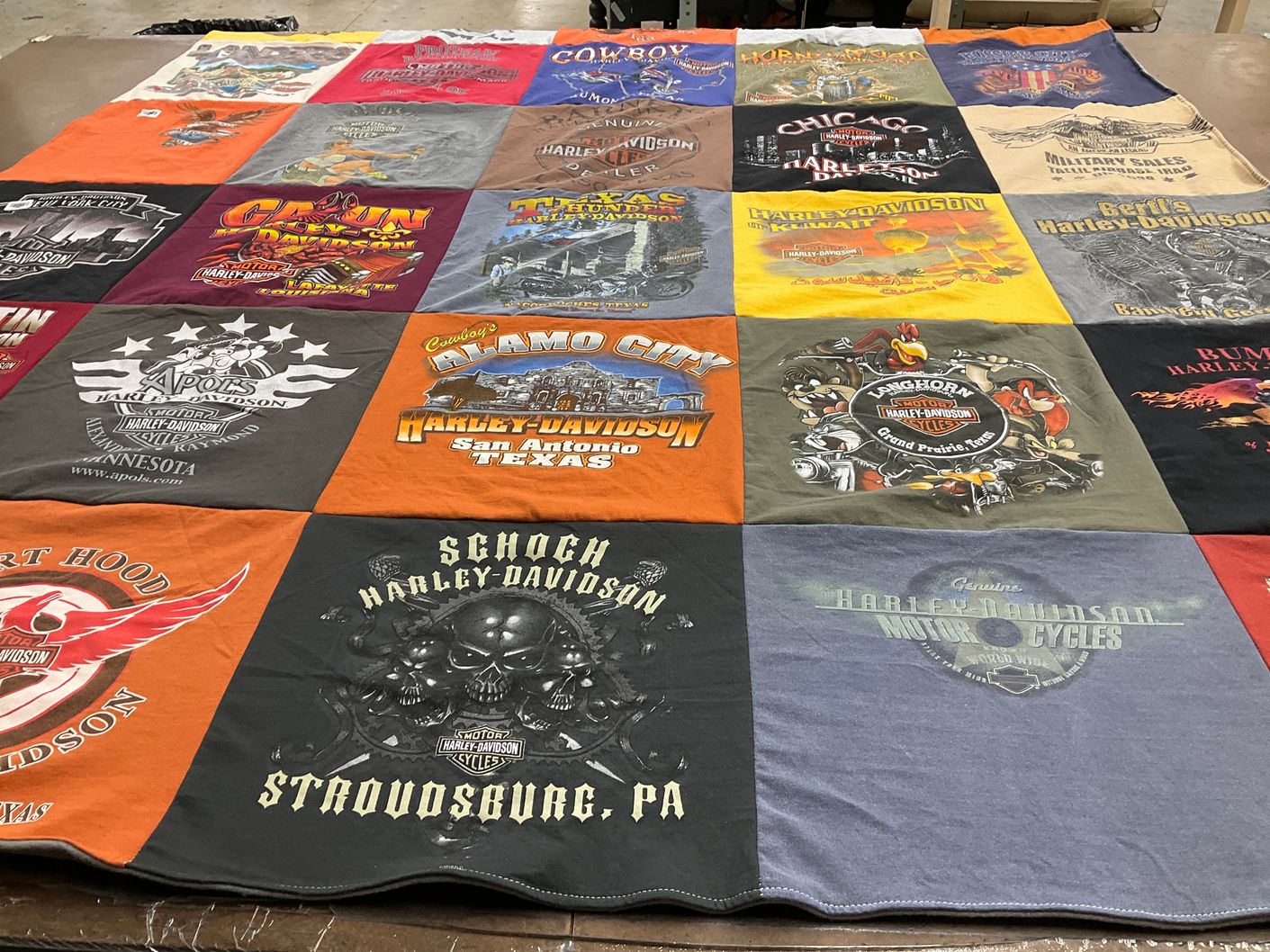 T-shirt quilt with motorcycling, biking themes by Angela from MO