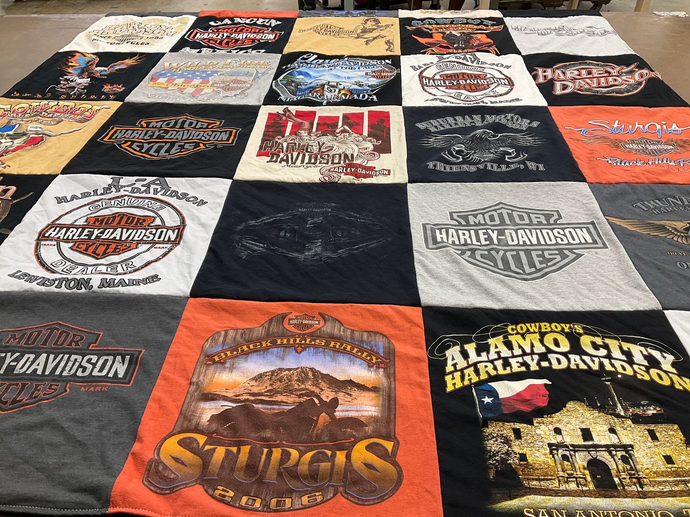 T-shirt quilt with motorcycles, biking themes by Savannah from IL