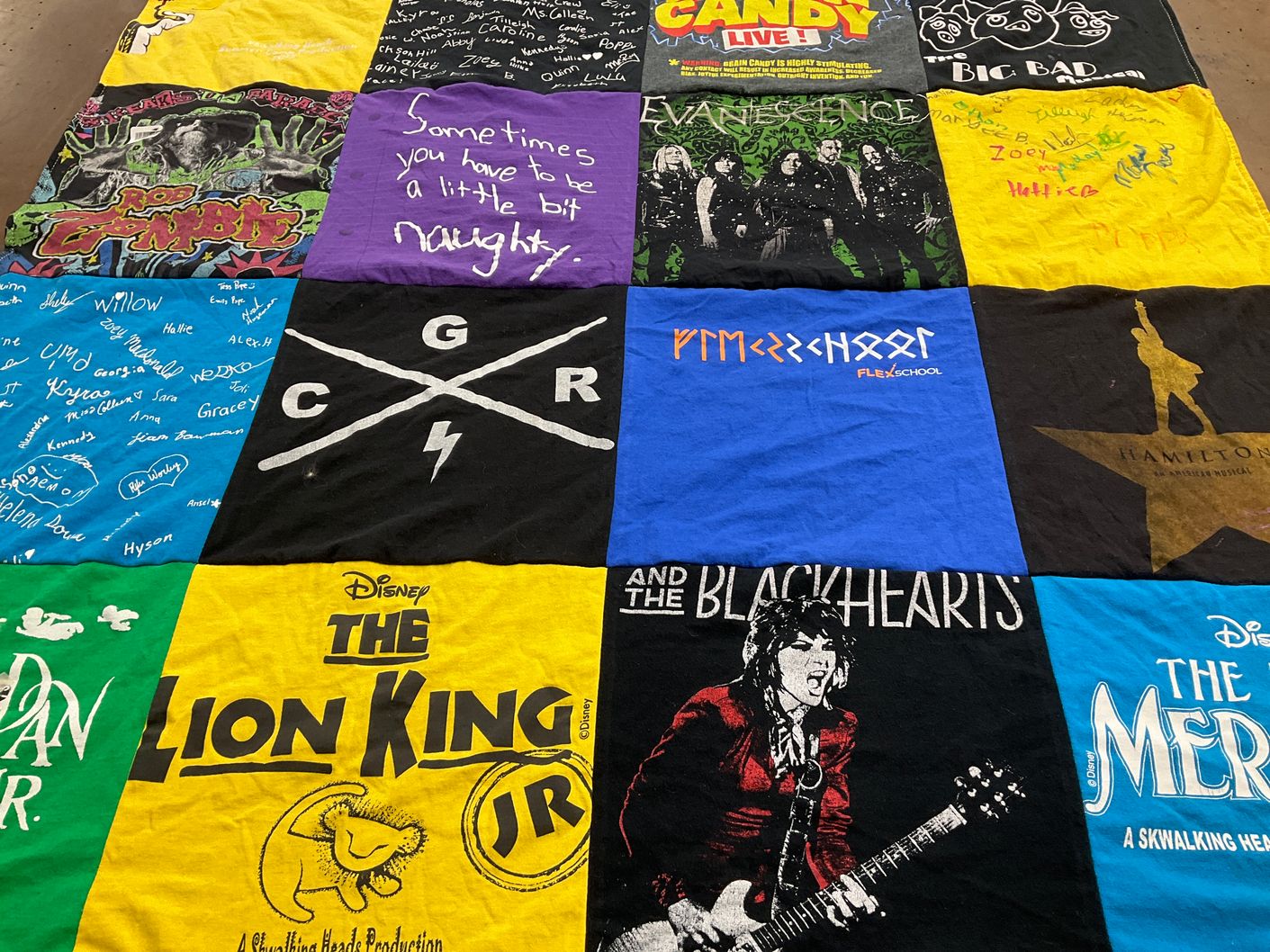 T-shirt quilt with music, theater themes by Kristie from NJ