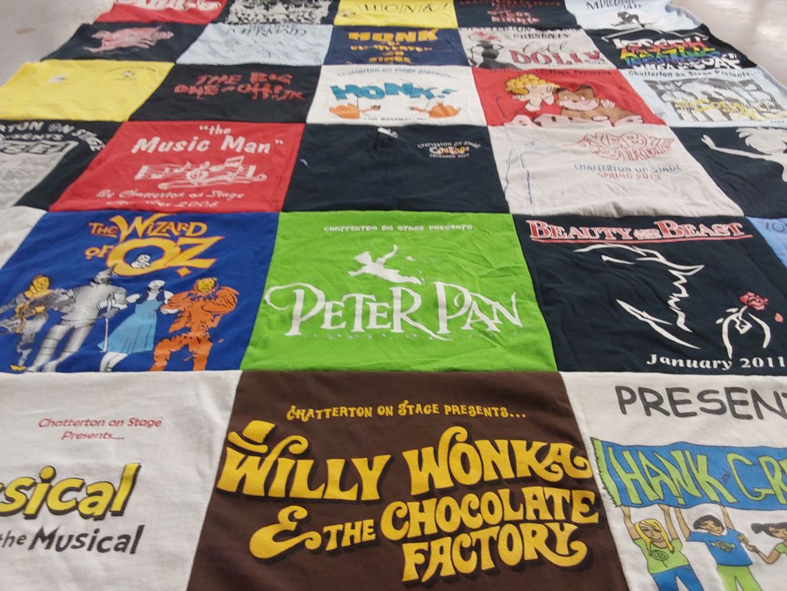T-shirt quilt with theater, musicals themes by Harvey from NY