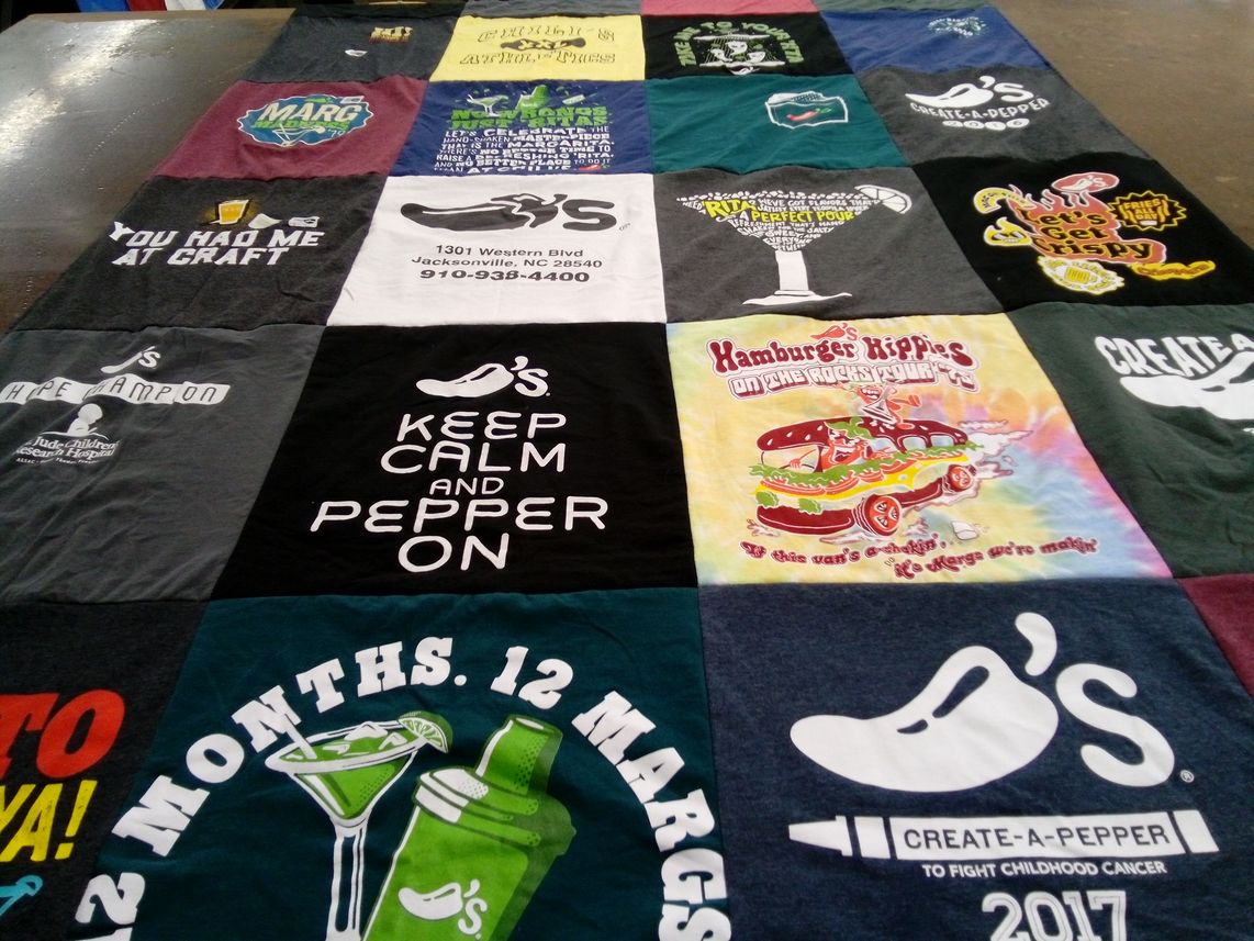 T-shirt quilt with food, drinks themes by Kim from NC