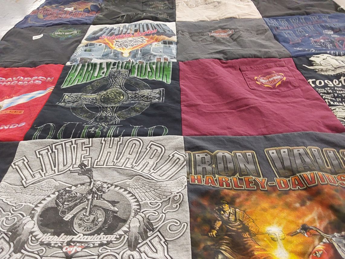 T-shirt quilt with motorcycles, biking themes by Jennifer from NJ
