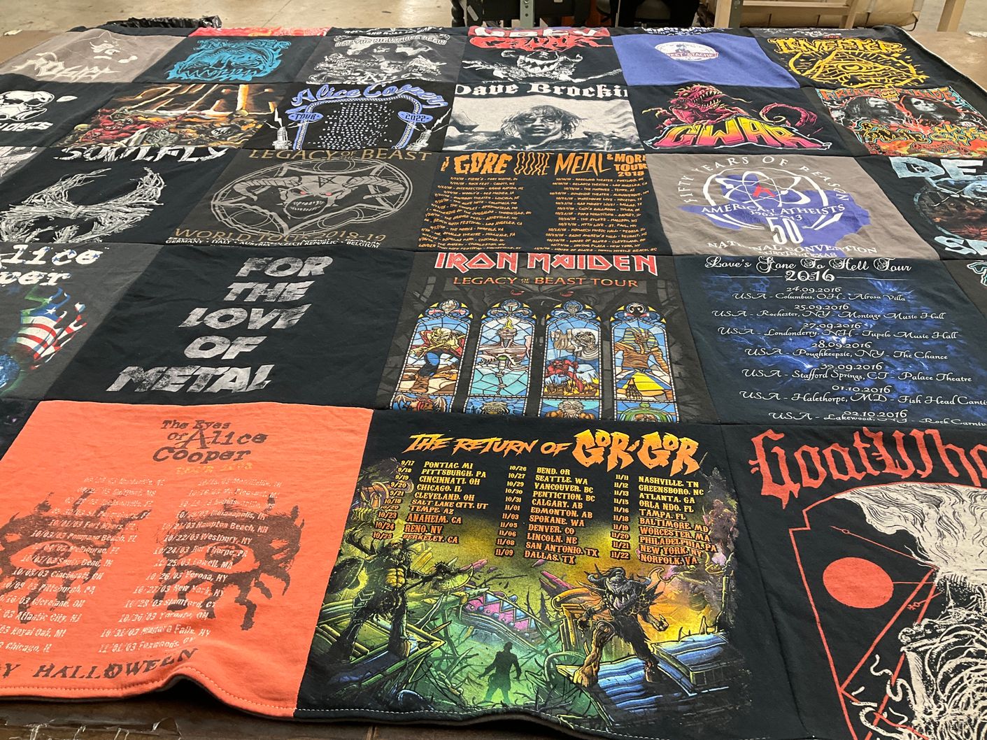T-shirt quilt with rock music, heavy metal themes by Adam from CT