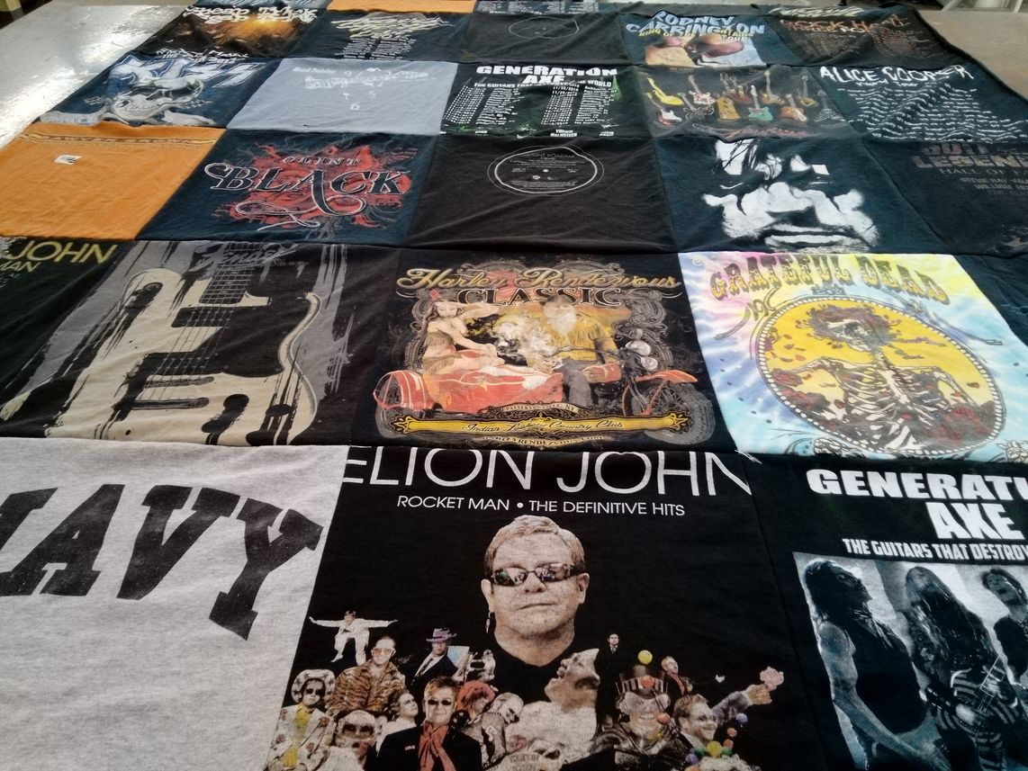 T-shirt quilt with music, rock themes by Kim from MA