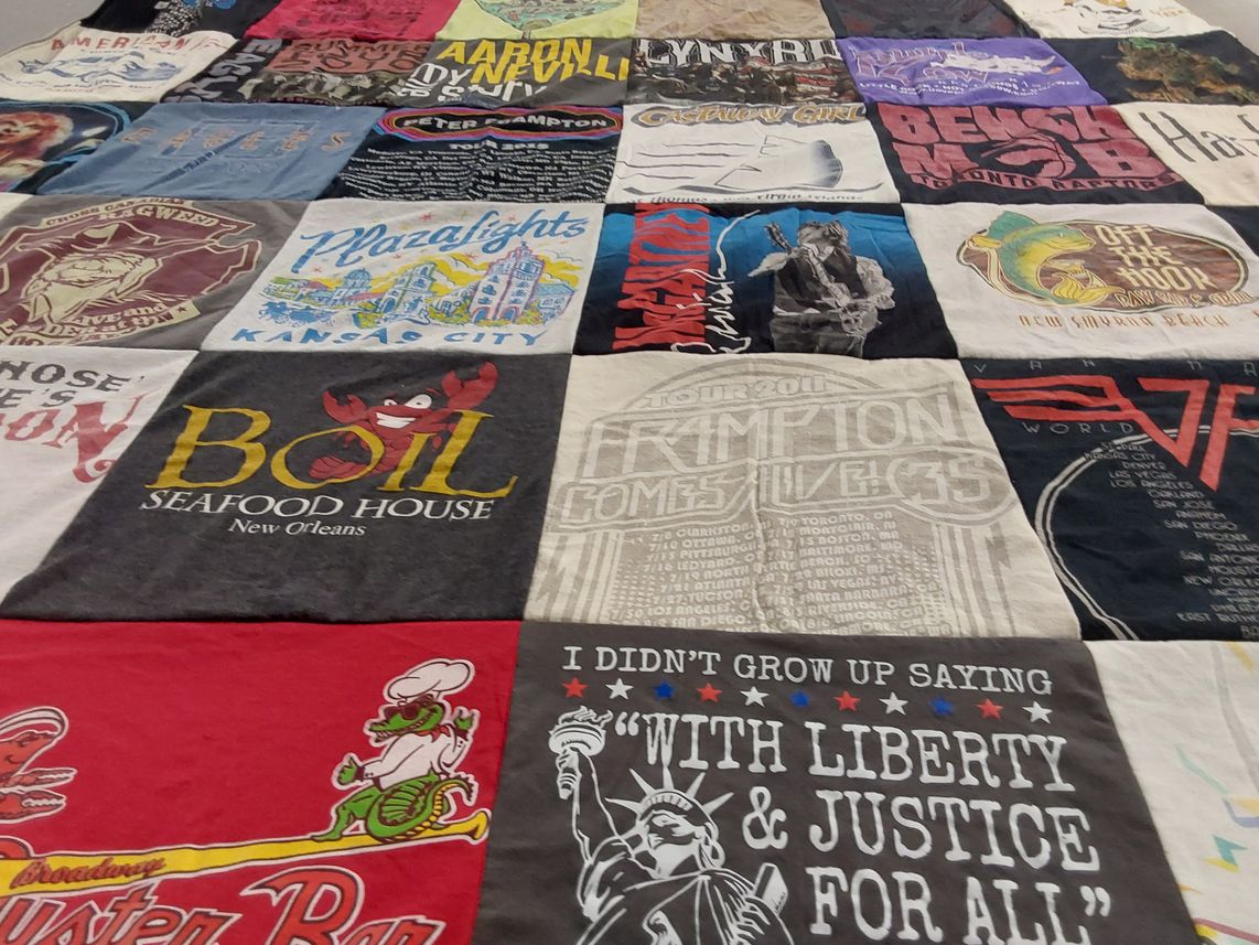 T-shirt quilt with music, food themes by Susan from KS