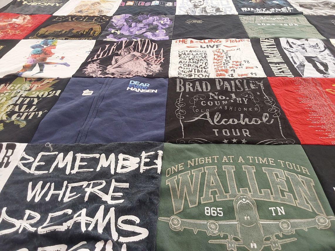 T-shirt quilt with music, concerts themes by paige marie from NY