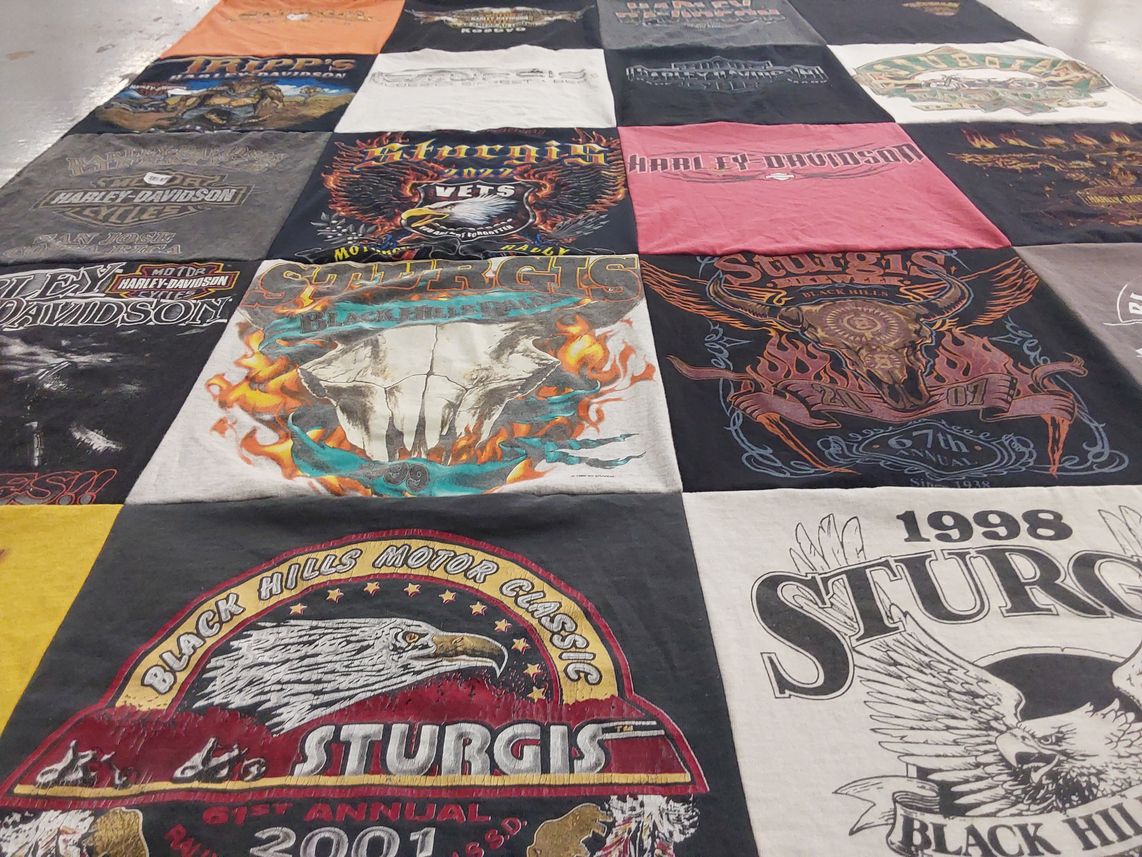 T-shirt quilt with motorcycles, biking themes by Amy from ND