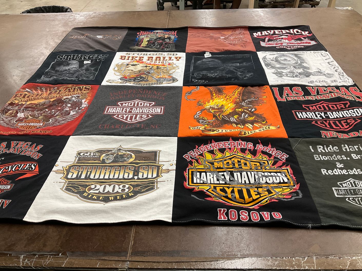 T-shirt quilt with motorcycles, biking themes by Amy from ND
