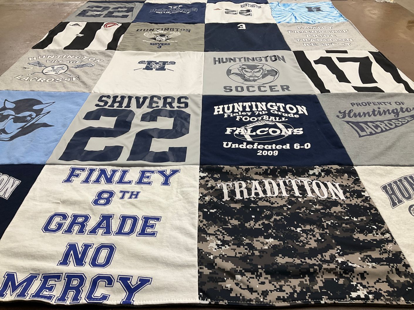 T-shirt quilt featuring huntington falcons by Nancy from NY