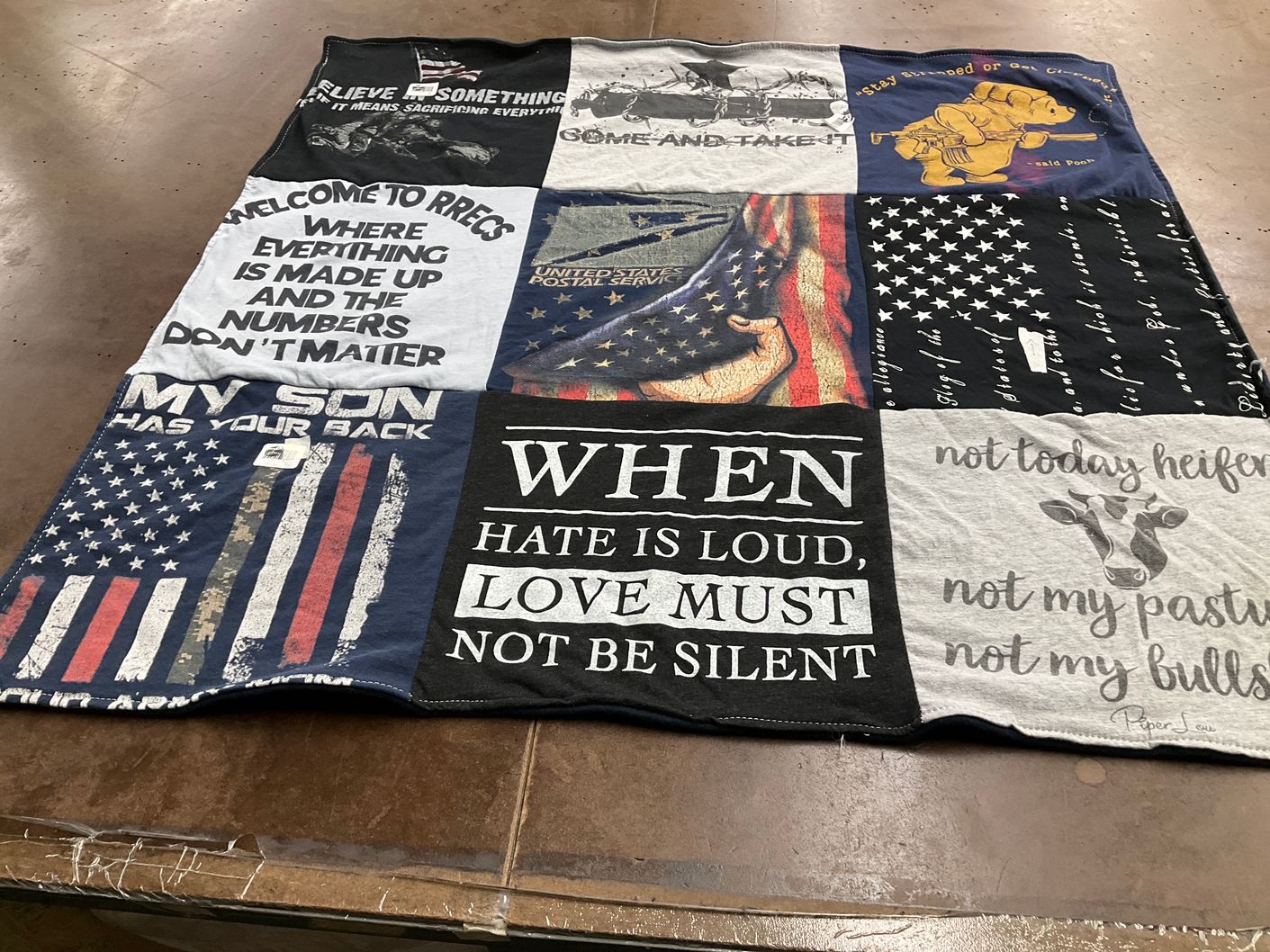 T-shirt quilt with patriotism, freedom themes by Shelley from IA