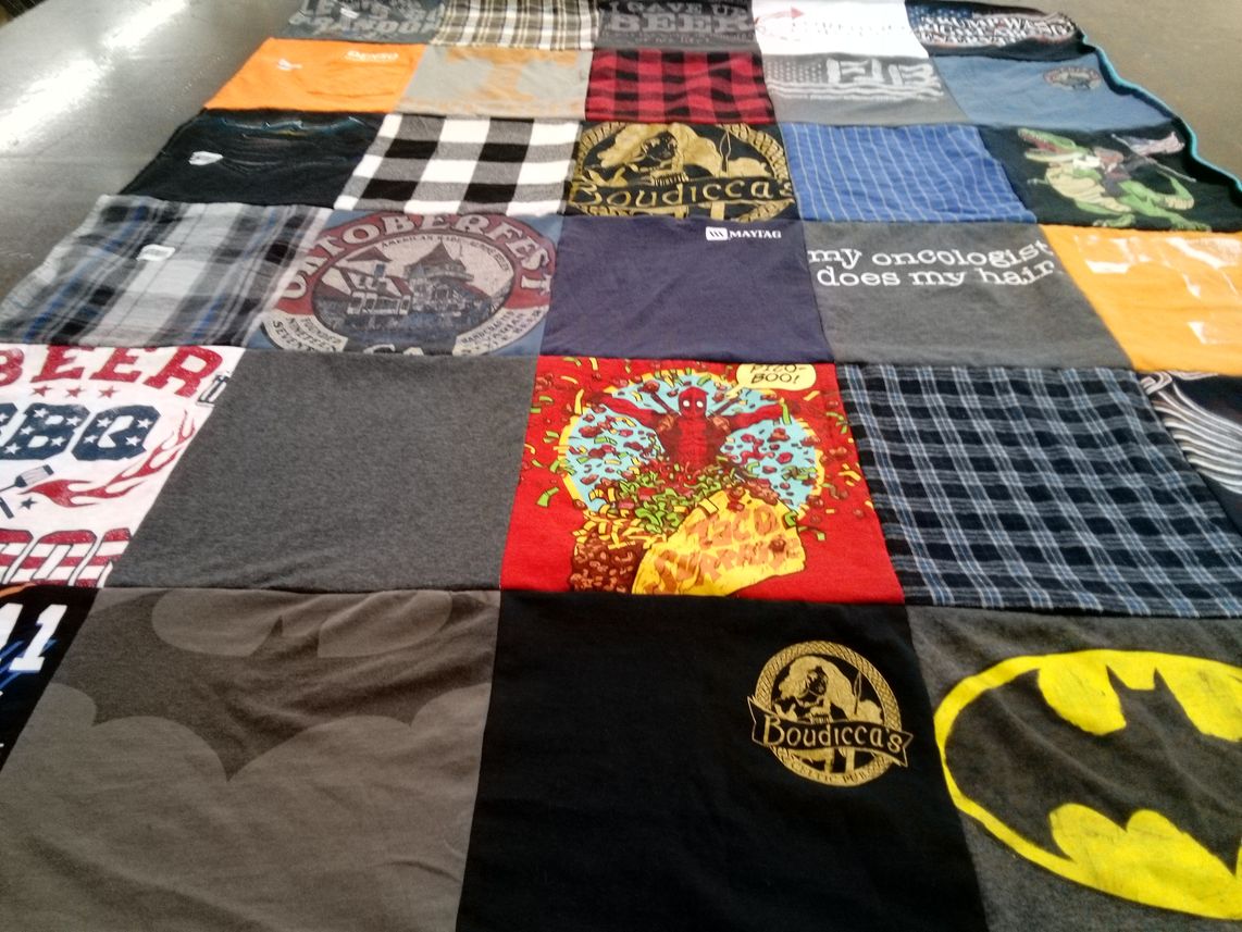 T-shirt quilt with beer, comics themes by Lisa from TN