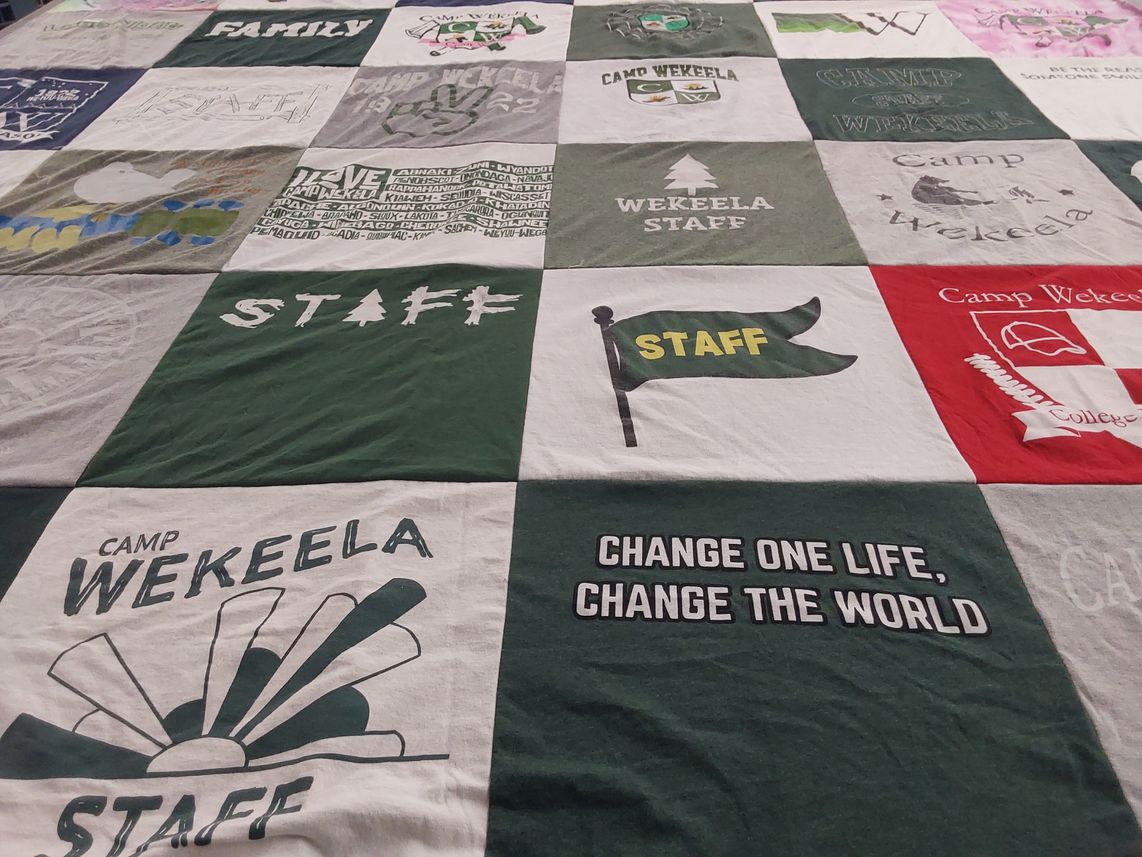 T-shirt quilt with camping, community themes by Gretchen from NJ
