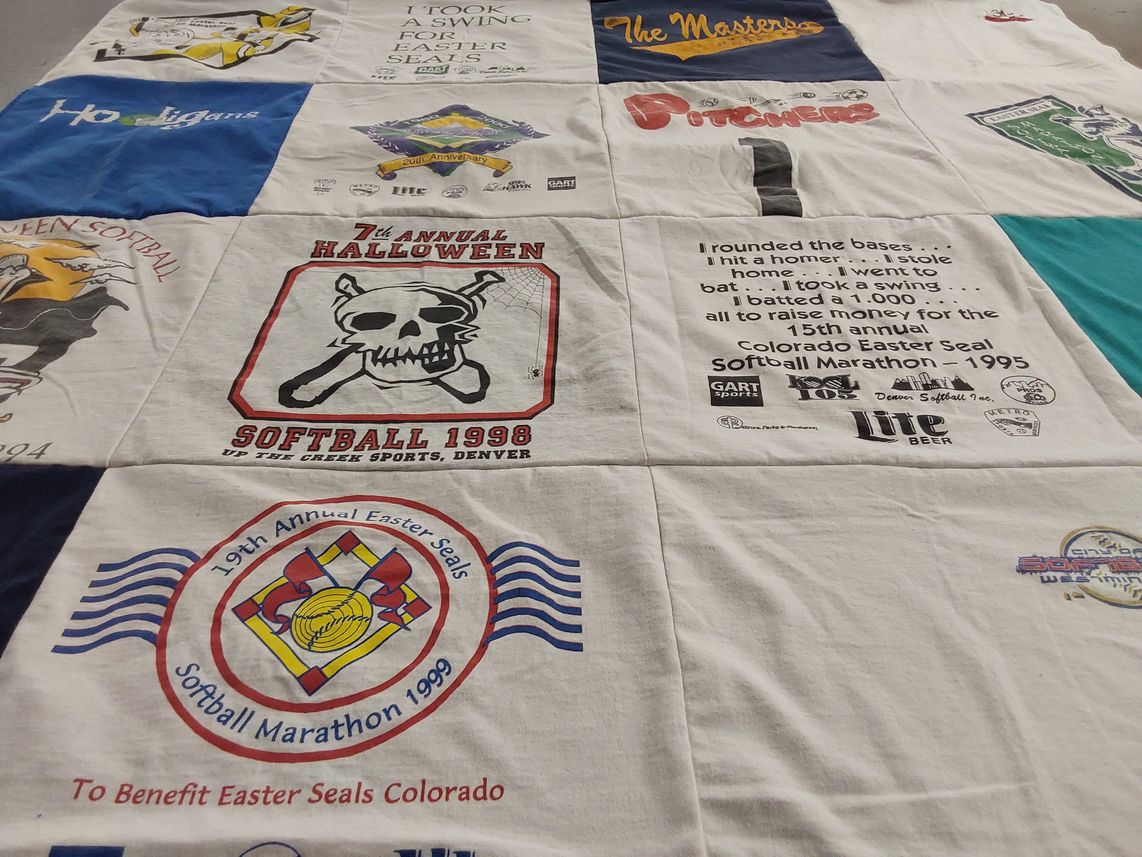 T-shirt quilt with softball, charity themes by Donna from CO