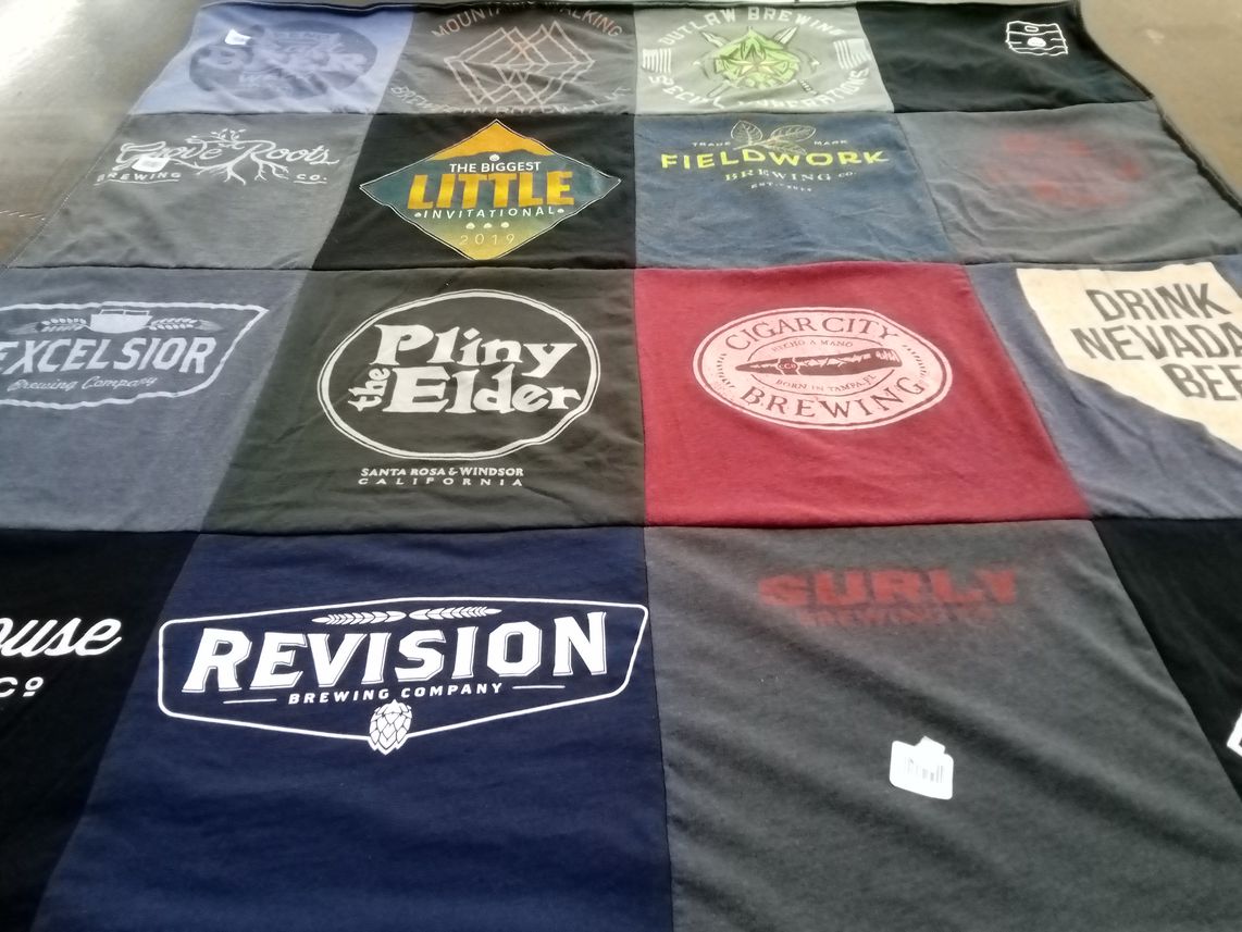 T-shirt quilt with craft beer, breweries themes by Sara from NV