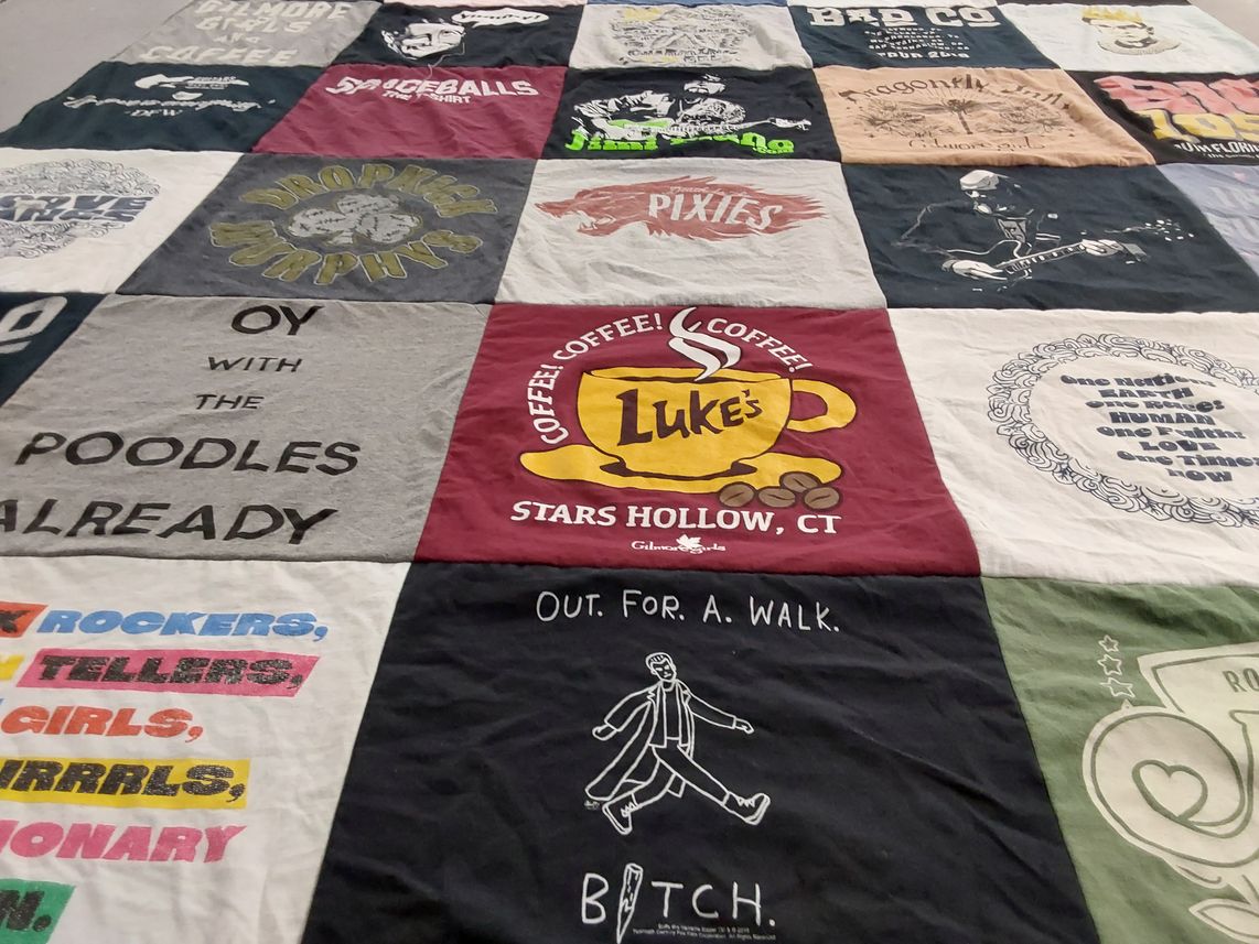 T-shirt quilt with coffee, music themes by Kimberly from FL