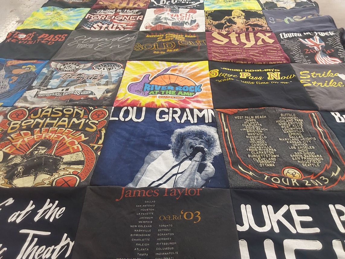 T-shirt quilt with music, rock themes by cathy from OH