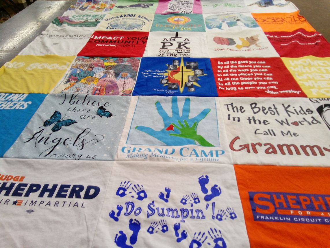 T-shirt quilt with community service, mentorship themes by Mary from NC