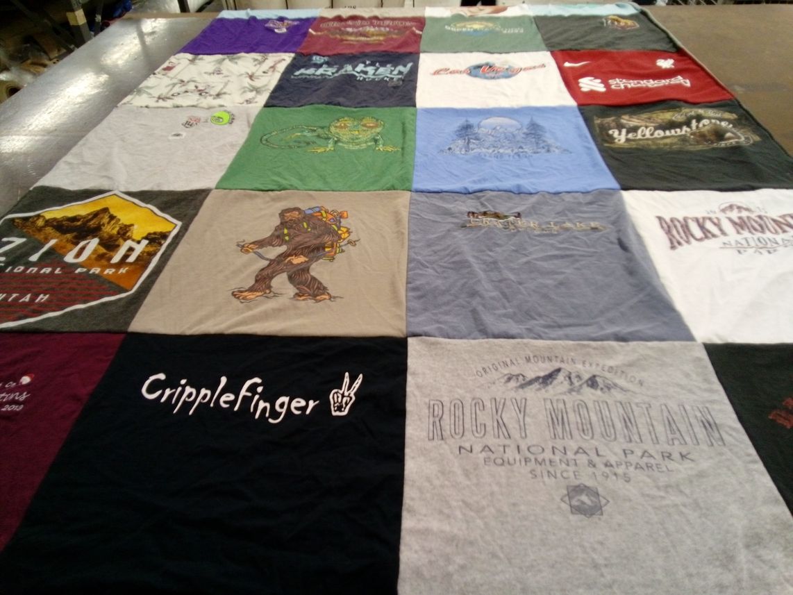 T-shirt quilt with hiking, outdoors themes by Christopher from GA