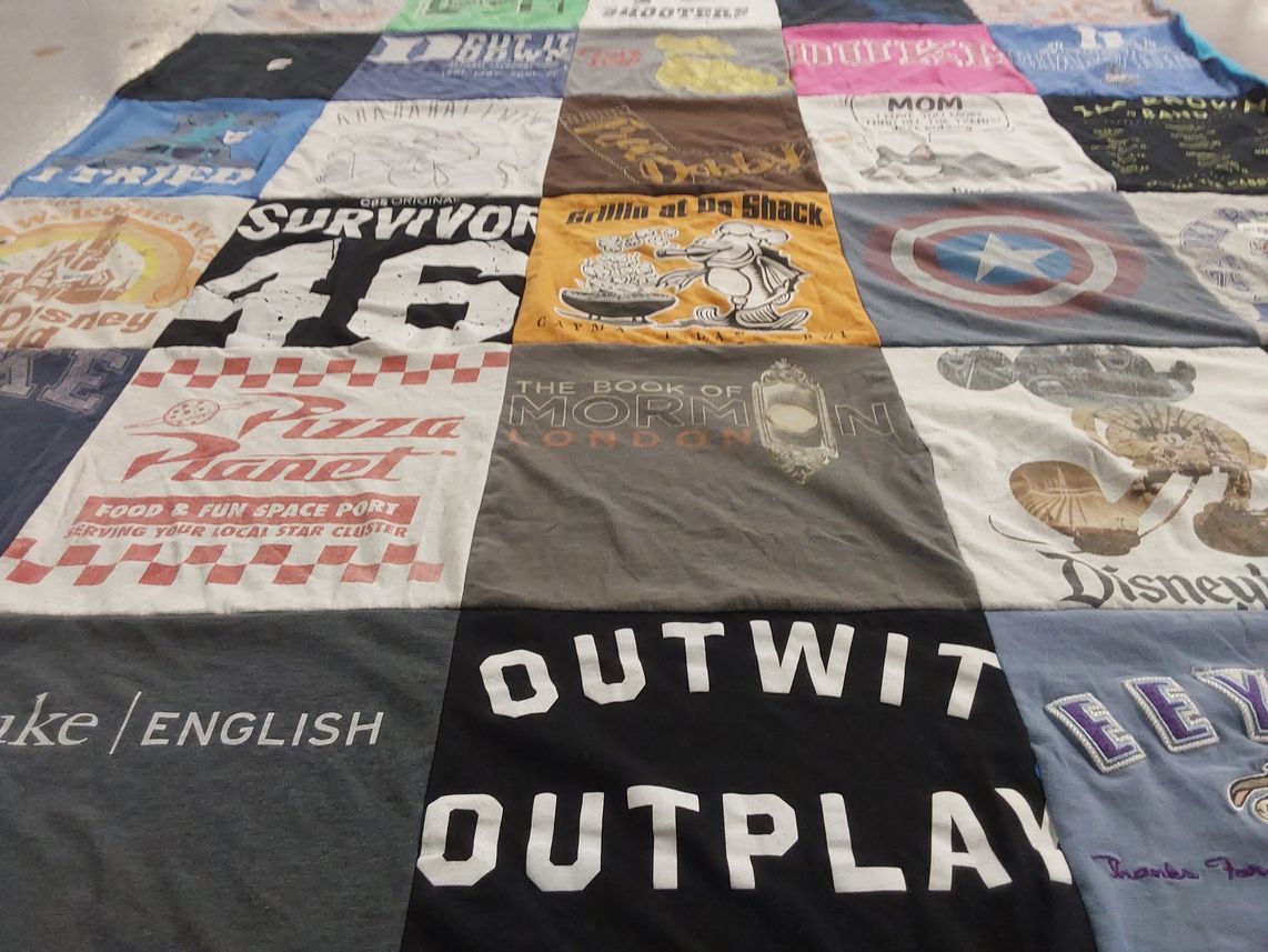 T-shirt quilt with disney, television themes by Rachel from CA