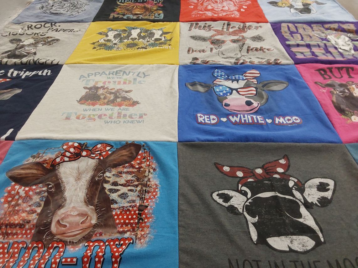 T-shirt quilt with cows, humor themes by Wanda from AR