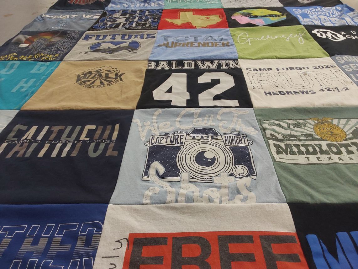 T-shirt quilt with camping, faith themes by Jessica from TX
